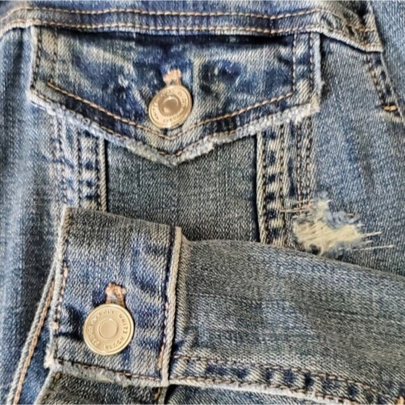 White House Black Market Classic Distressed Medium Blue Denim Jacket Size 10 - Picture 5 of 9